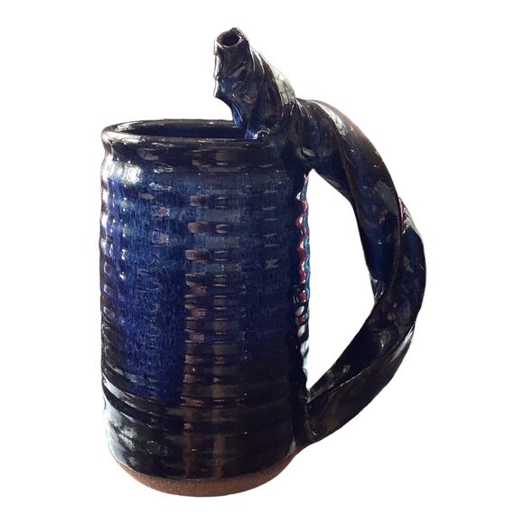 Cobalt Blue Glaze Ceramic Stein Mug Twisted Handle Signed RedWare - Picture 3 of 5